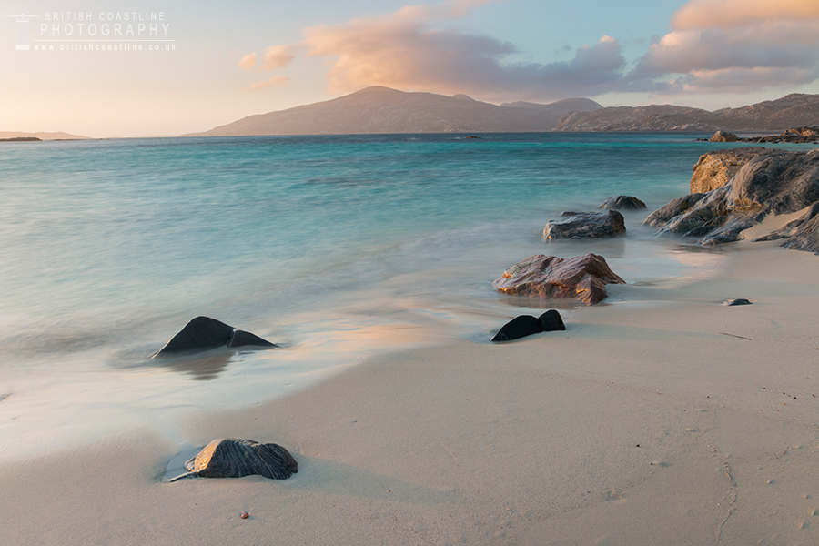 Traigh Mheilein, white sandy beach, tropical blue water, golden light