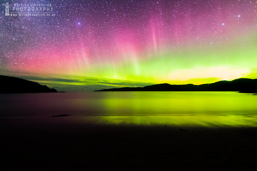 Aurora Borealis, northern lights, over, Achmelvich beach, scotland, green arc, with red ribbons